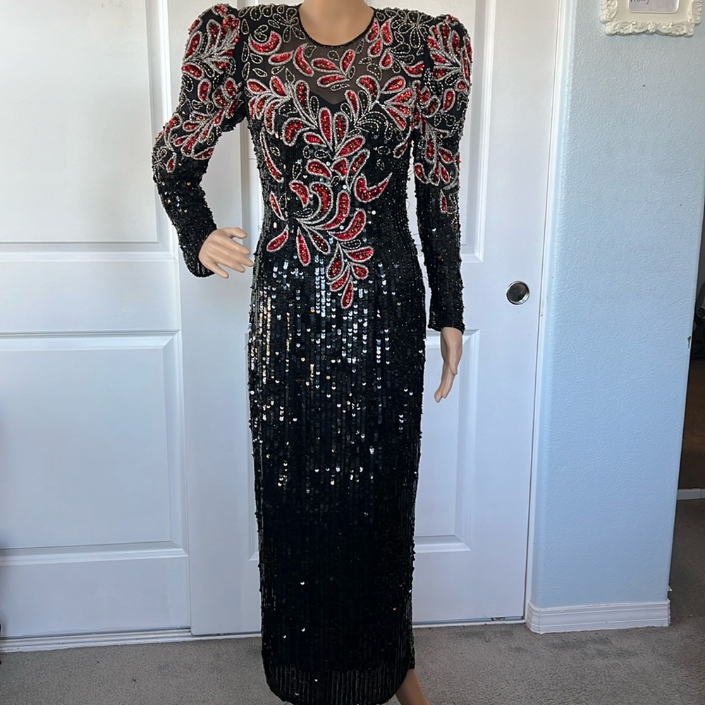 Vtg 80s NITE LINE black RED beaded sequin puff shoulder long dress 4 S
